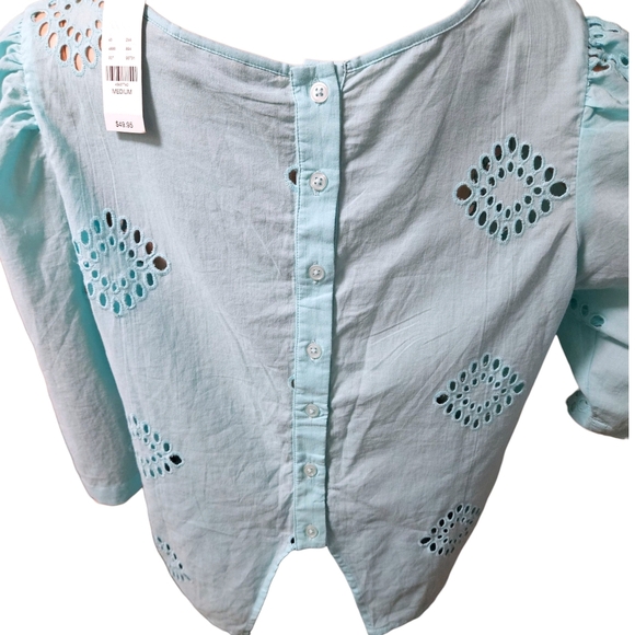 NWT New York & Company Eyelet Puff Sleeve Blouse M Aqua Blue Back Button Up - Picture 4 of 12